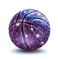 Glittering basketball with cosmic purple and blue sparkles on white background, featuring magical starry effect and dimensional shading.
