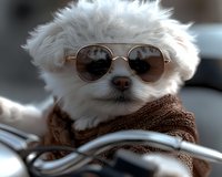 White fluffy Maltese puppy wearing trendy aviator sunglasses and cozy brown knit scarf, looking stylish and cool against blurred background.
