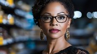 Professional African American businesswoman with glasses and elegant jewelry against blurred city lights background for corporate and leadership concepts.