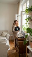 Young Caucasian woman in cozy cardigan holding vinyl record near retro turntable in bright living room with plants and wooden floor.