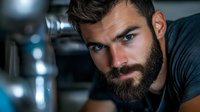 Dramatic portrait of bearded Caucasian man with intense blue eyes in moody lighting. Dark atmospheric photography with shallow depth of field creates mysterious ambiance.
