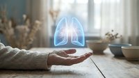 Holographic lungs floating above open palm in cozy home setting, representing respiratory health, medical care, and wellness concepts for healthcare design.