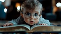 Young child with light skin tone and gray eyes wearing round eyeglasses and gray sweater, reading open book with blurred bokeh lights in background, suitable for education and learning concepts.