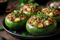 Round zucchini stuffed with seasoned ground meat and melted cheese, garnished with fresh herbs on dark plate, close up view of homemade appetizer.