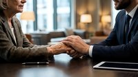 Mature woman and man in business attire shaking hands across table in modern office setting, representing partnership, agreement, deal closure, and professional collaboration between colleagues.