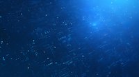 Glowing blue digital matrix background with mathematical formulas, binary code and technological elements floating in deep space atmosphere.