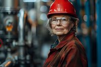 Senior female industrial worker wearing red hard hat and safety glasses smiles confidently in manufacturing facility with machinery in background.