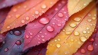Vibrant autumn leaves with morning dew drops in macro photography, showing red, orange and yellow foliage with water droplets creating natural bokeh effect.