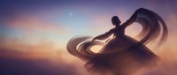 Young woman silhouette with flowing long hair dancing gracefully against dramatic sunset sky with purple and orange clouds creating dreamy atmospheric scene.