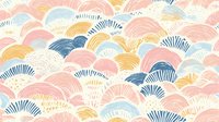 Seamless fan pattern with overlapping scallop shells in soft pastel colors including pink, blue, yellow, and cream, featuring decorative line details. Tiles seamlessly for wallpaper, fabric, and surface design projects.