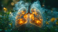 Glowing translucent lungs surrounded by ethereal smoke and yellow flowers in mystical garden setting, depicting breath and life force with golden light illuminating from within.