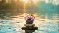 Zen spa stones balanced in calm water with pink cherry blossoms at sunset creating peaceful meditation atmosphere for wellness and relaxation concepts.