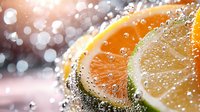 Fresh citrus slices with water drops and bokeh light effect, macro shot showing juicy orange and lime segments with sparkling droplets in soft focus.