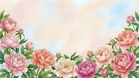 Watercolor peony border with pink and coral blooms on a soft pastel background, perfect for greeting cards, invitations, and spring designs.