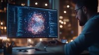 Caucasian male data scientist analyzing visualization of particle system on computer screen in dark office with bokeh lights, working on big data analytics.
