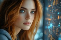 Young woman with red hair and blue eyes looking at digital code display, dramatic lighting creates moody atmosphere against tech background with programming elements.