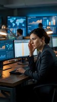 Female financial analyst of South Asian descent in business attire analyzing market data on multiple monitors in modern office environment. Use for finance, trading, business analytics.
