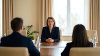 Professional businesswoman conducting job interview or meeting with candidates in modern office conference room setting.