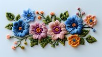 Colorful floral composition with blue, pink and orange flowers arranged in decorative border pattern on light background, embossed relief artwork style.