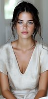 Young woman with striking blue eyes and freckles wearing white linen dress, natural makeup look and casual updo hairstyle against light background. Portrait captures authentic beauty.