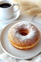 Fresh donut dusted with powdered sugar on white plate next to cup of black coffee, soft natural lighting creates appetizing breakfast scene with wheat stalks.