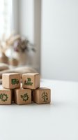 Wooden blocks with green eco-friendly symbols including recycling, renewable energy and sustainable transport icons on white surface.