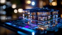 Modern glass office building miniature with glowing windows at night, illuminated by colorful lights and bokeh effects, creating futuristic architectural atmosphere.