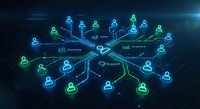 Digital network visualization with glowing user icons connected by luminous lines representing social media connectivity and online community interaction.