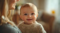 Smiling baby wearing cozy beige knit sweater looking at mother with bright blue eyes and joyful expression in warm home setting. Natural window light creates soft glow.