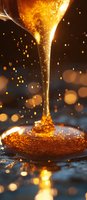 Golden honey dripping from wooden spoon with sparkling bokeh lights and warm glow for culinary and natural sweetener concepts.