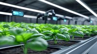 Young green plants growing in modern hydroponic greenhouse with LED lighting system. Industrial agriculture facility for sustainable food production.