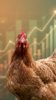 Brown hen with vibrant red comb facing camera against upward trending financial graph background, symbolizing agricultural growth, poultry farming success, and rising market profits.