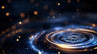 Mystical glowing sacred geometry symbol spiraling in cosmic space with luminous particles and energy waves against starry galaxy background.