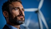 Confident mature businessman with beard against wind turbine background, looking towards future. Blue sky and sustainable energy concept portrays leadership.