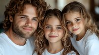 Young Caucasian father with curly hair embracing two blonde daughters in white shirts, showing family love and bonding at home with warm natural lighting.