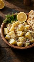 Potato salad with diced potatoes, creamy dressing, fresh dill, red onion, and lemon garnish served in wooden bowl on rustic table for food photography and culinary content.