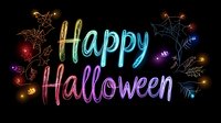 Happy Halloween neon sign with glowing colorful text and spooky decorative elements on black background for party invitations and seasonal celebrations.