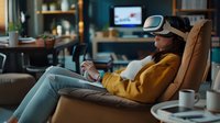 Young Asian woman in yellow sweater wearing VR headset relaxes in armchair at home office, exploring virtual reality while holding controller for gaming or remote work.