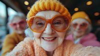 Senior woman wearing orange knit hat and retro glasses smiling at camera with genuine joy, close-up portrait with blurred elderly friends in background.