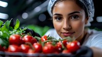 Young female food industry worker in hairnet smiling behind fresh red tomatoes on vine in greenhouse or production facility. Organic farming concept.