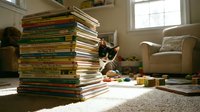 Curious kitten exploring towering stack of colorful books in bright living room with natural light, perfect for education, literacy, and pet-themed designs.