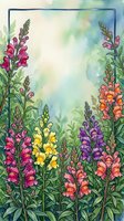 Watercolor snapdragon garden frame with colorful pink, yellow, purple and orange blooms surrounding a soft pastel copy space for text.