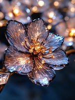 Delicate crystal flower with golden center glows against blurred bokeh lights background, creating magical winter atmosphere and festive sparkle effect.