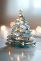 Glass Christmas tree ornament with glowing golden lights and star topper against soft bokeh background, creating magical holiday atmosphere.