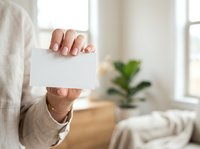Woman holding blank white card in bright modern interior with potted plant and natural window light, suitable for business messaging, greeting cards, and promotional designs.