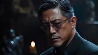 Middle-aged Asian businessman wearing glasses with serious expression in dark atmospheric setting with candlelight, dramatic side lighting creates mysterious mood.