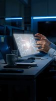 Male professional with dark skin tone interacting with glowing circuit board hologram on tablet screen in modern office workspace with neon lighting.