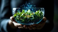 Magical glowing terrarium with green plants and sparkling lights held in hands against dark background, creating mystical garden atmosphere in glass bowl.