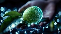 Glowing green sphere with water drops and bokeh lights on dark background creates magical atmosphere for nature and fantasy designs.