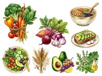 Fresh vegetables, legumes, grains and fruits arranged on white background. Healthy eating, nutrition and balanced diet concept for food blogs, wellness websites and dietary guides.